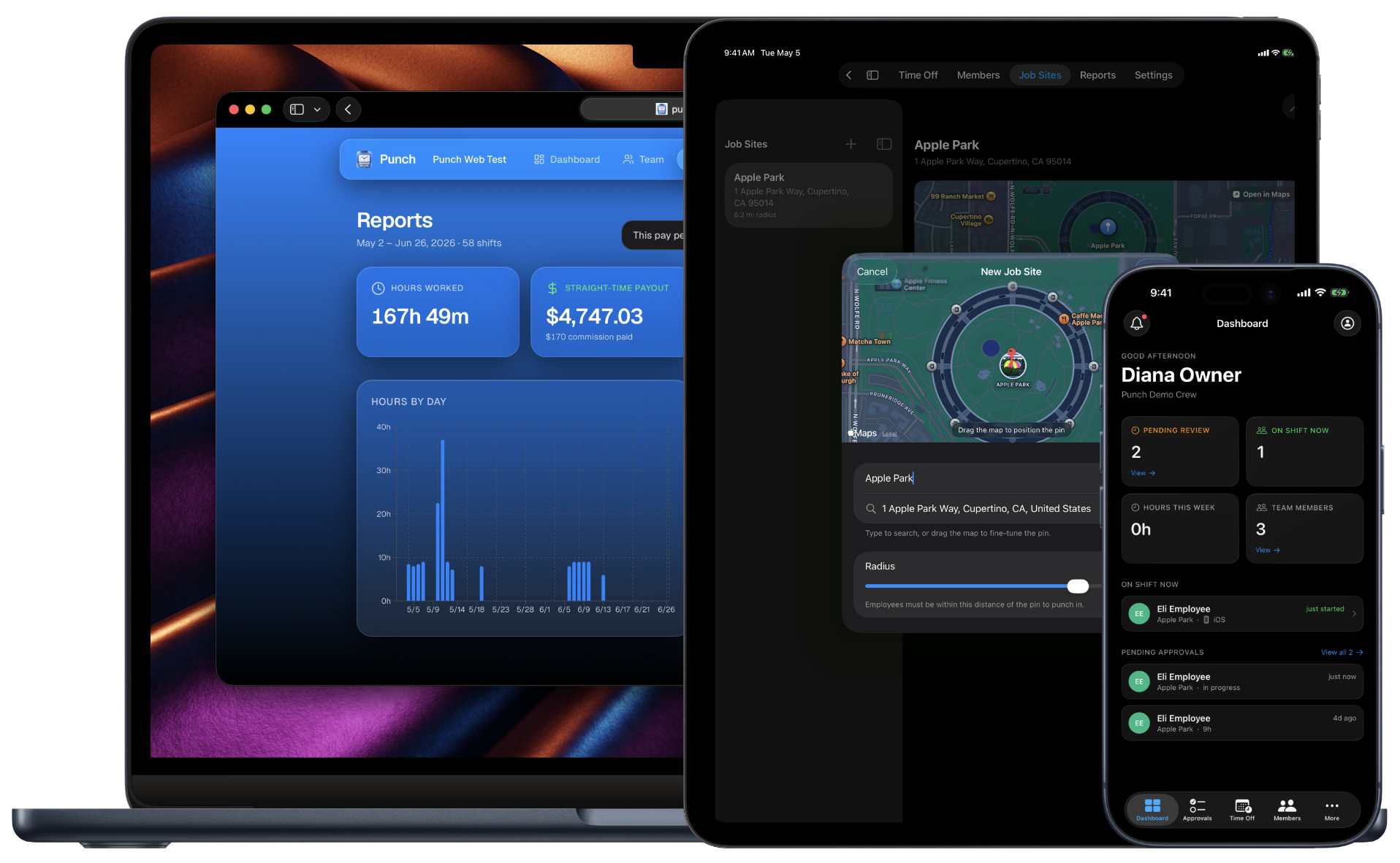 Punch on a 13-inch MacBook Air, a 13-inch iPad Pro, and an iPhone 17 Pro Max — Reports, geofenced job sites, and the manager dashboard
